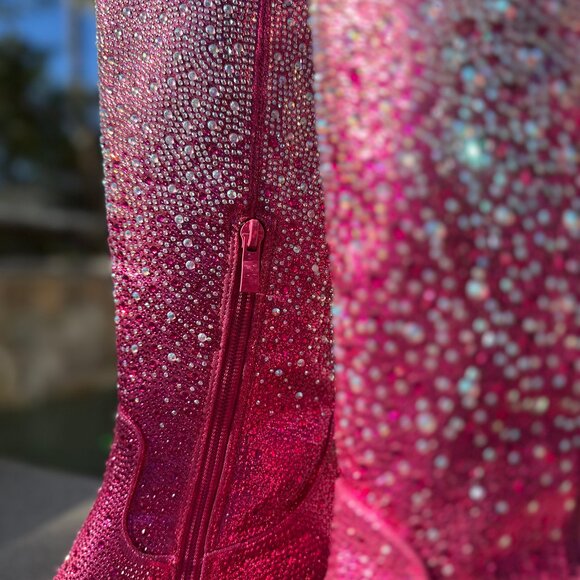 NEW🔥 Fuchsia Pink Multi Rhinestone Western Cowgirl Boot Mid-Calf Block Heel Zip - Picture 8 of 8